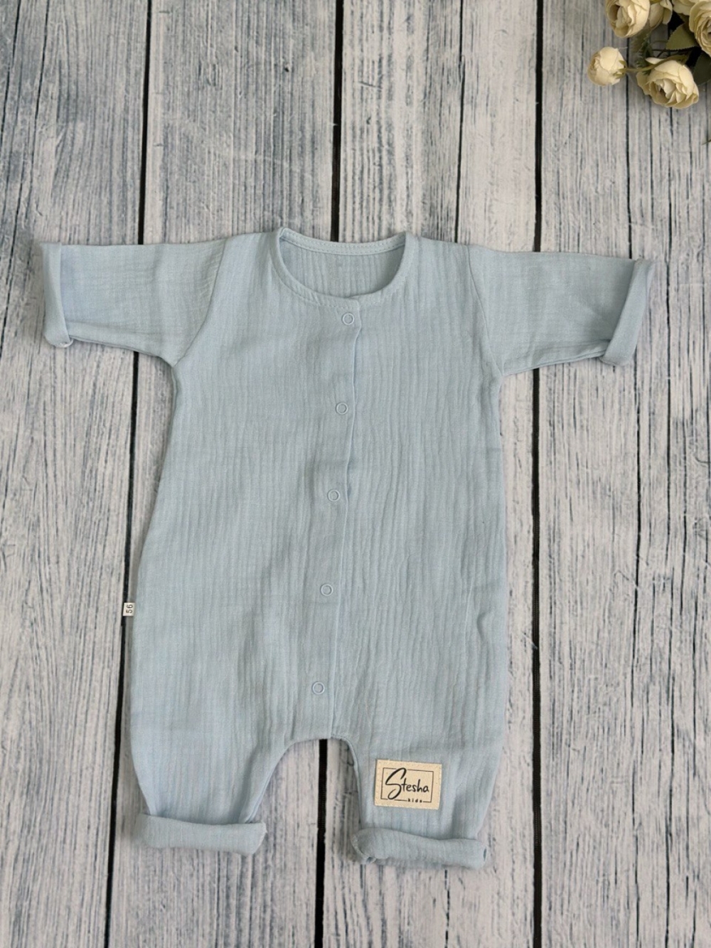 338-Г. Комбинезон детский из муслина, хлопок 100%, размеры 56,62,68, голубой